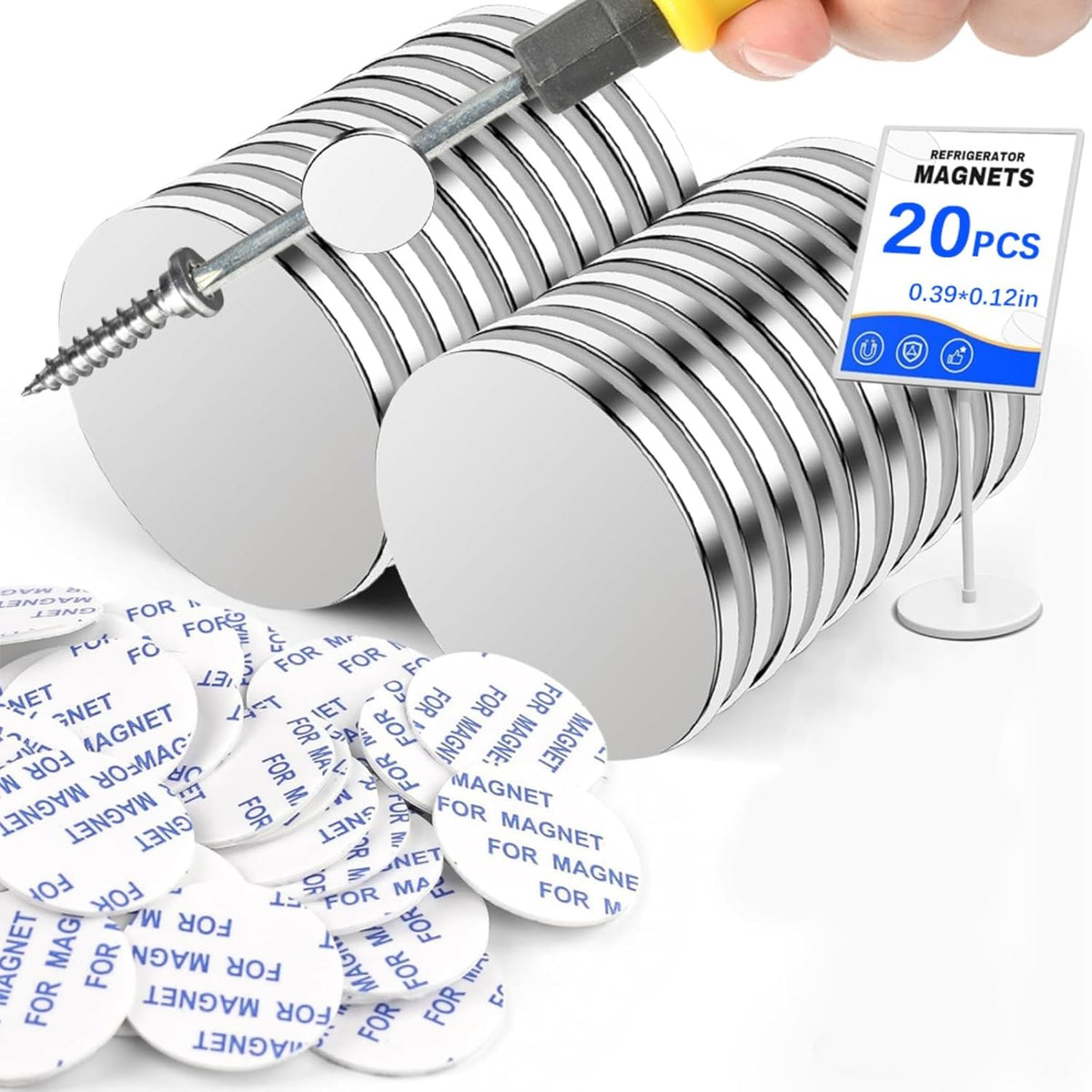 20 Pack Refrigerator Magnets with Double-Sided Adhesive, 10x3mm Small Round Fridge Magnets, Premium Neodymium Office Magnets for Fridge, Whiteboard, Billboard in Home, Kitchen, Office and School