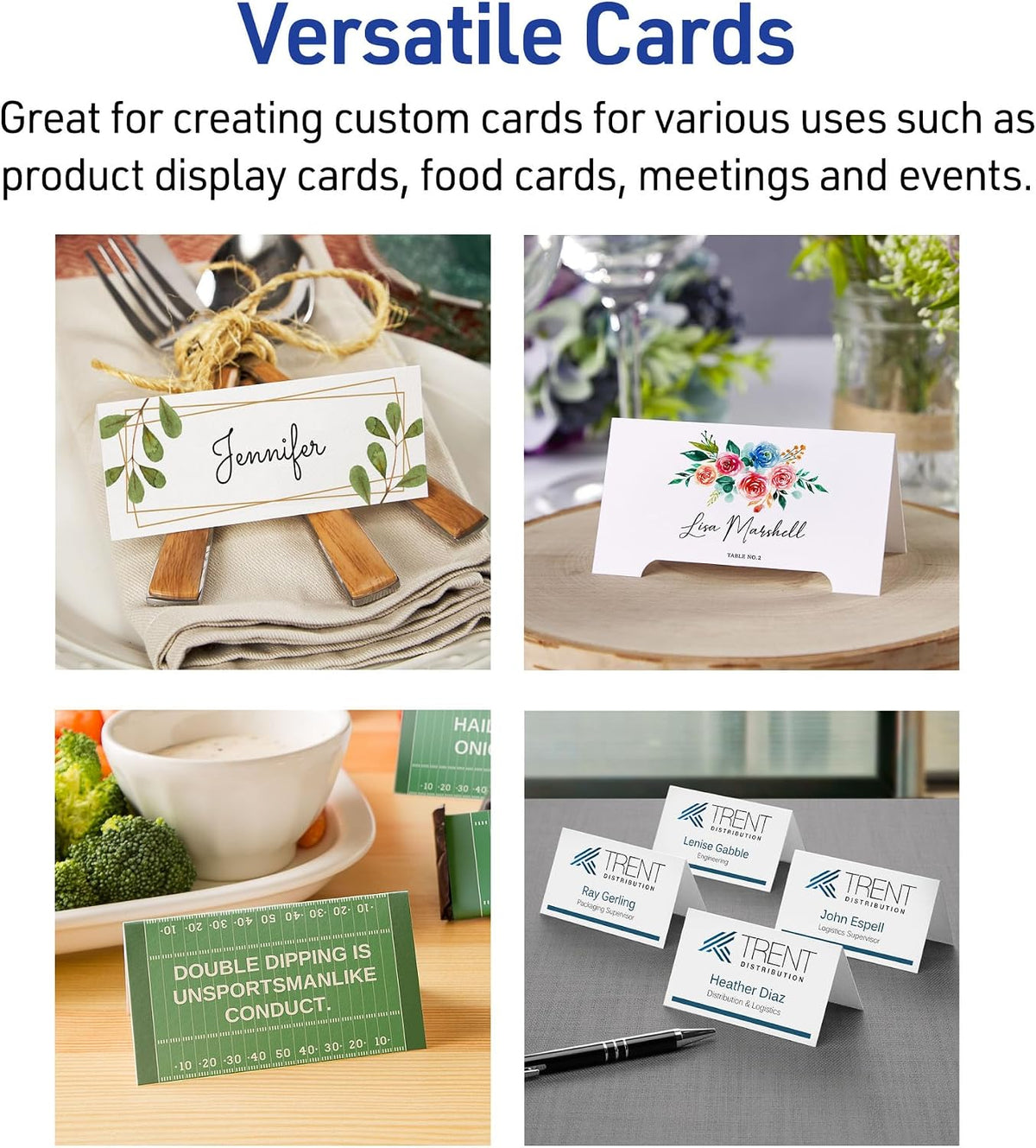 Avery Printable Place Cards with Sure Feed Technology, 1-7/16" x 3-3/4", White with Gold Border, 150 Blank Tent Cards for Laser or Inkjet Printers (35701)