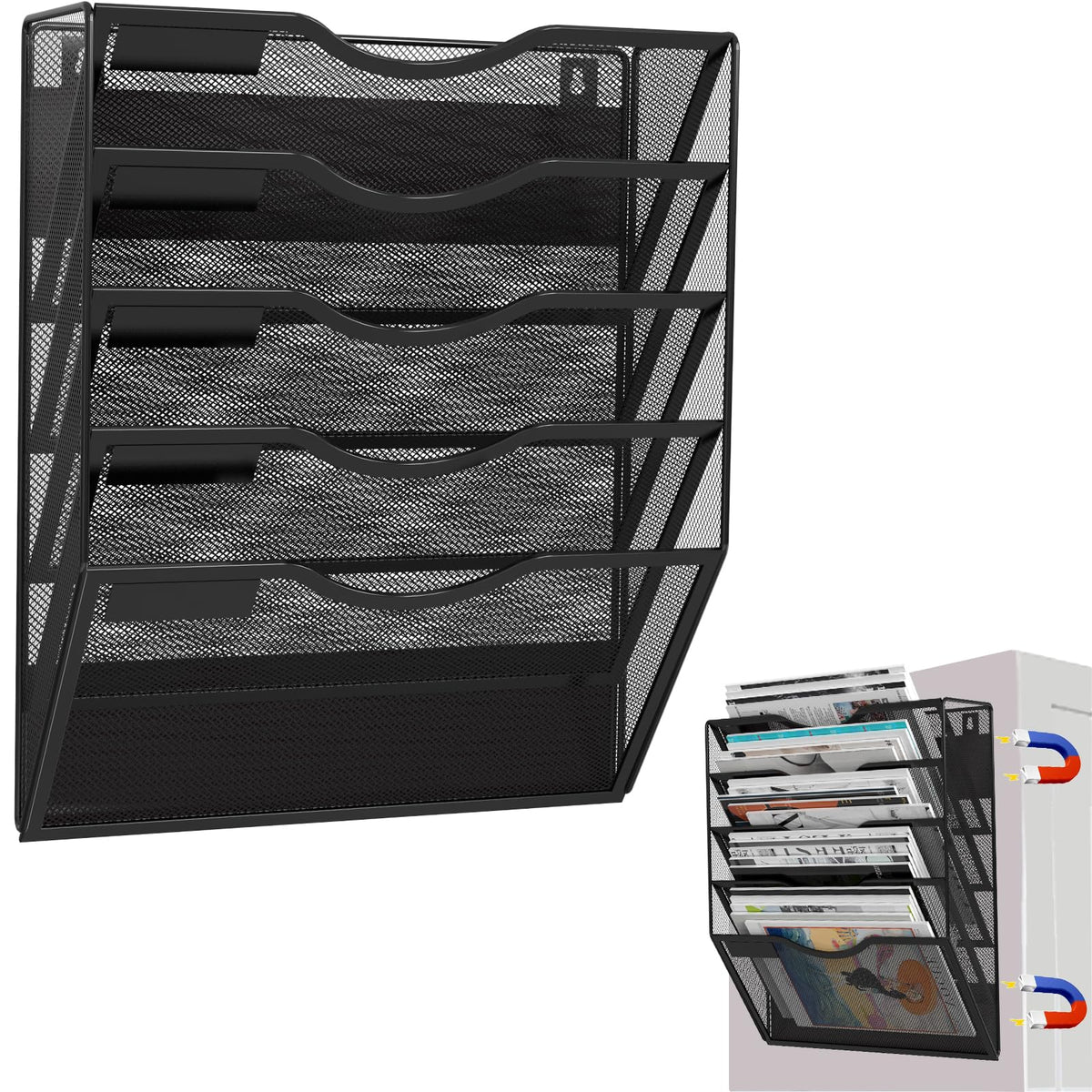 3-Tier Magnetic File Holder, No Drilling Installation File Cabinet Organizer, Black Magnetic File Organizer, Magazine Rack, Magnetic Paper Holder for Refrigerator, File Cabinets, Whiteboard