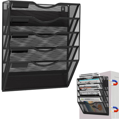 3-Tier Magnetic File Holder, No Drilling Installation File Cabinet Organizer, Black Magnetic File Organizer, Magazine Rack, Magnetic Paper Holder for Refrigerator, File Cabinets, Whiteboard