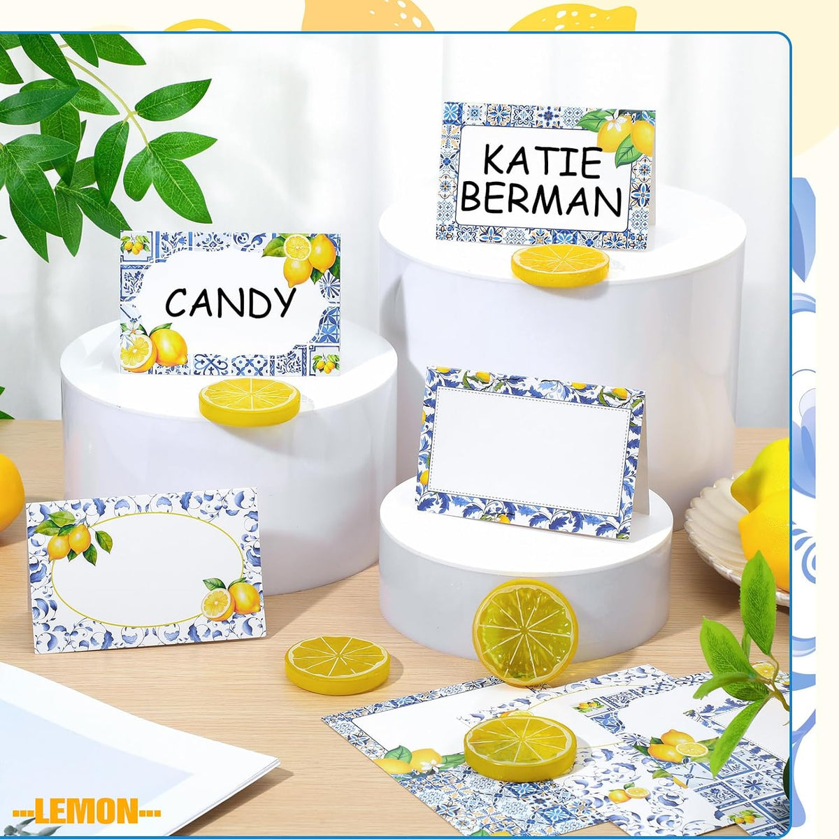 Jetec 48 Pcs Capri Lemon Place Cards Yellow and Blue Tile Table Name Cards
