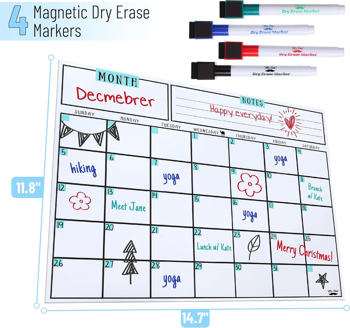 Mr. Pen- Dry Erase Calendar for Fridge, Magnetic, 14.7 x 11.8