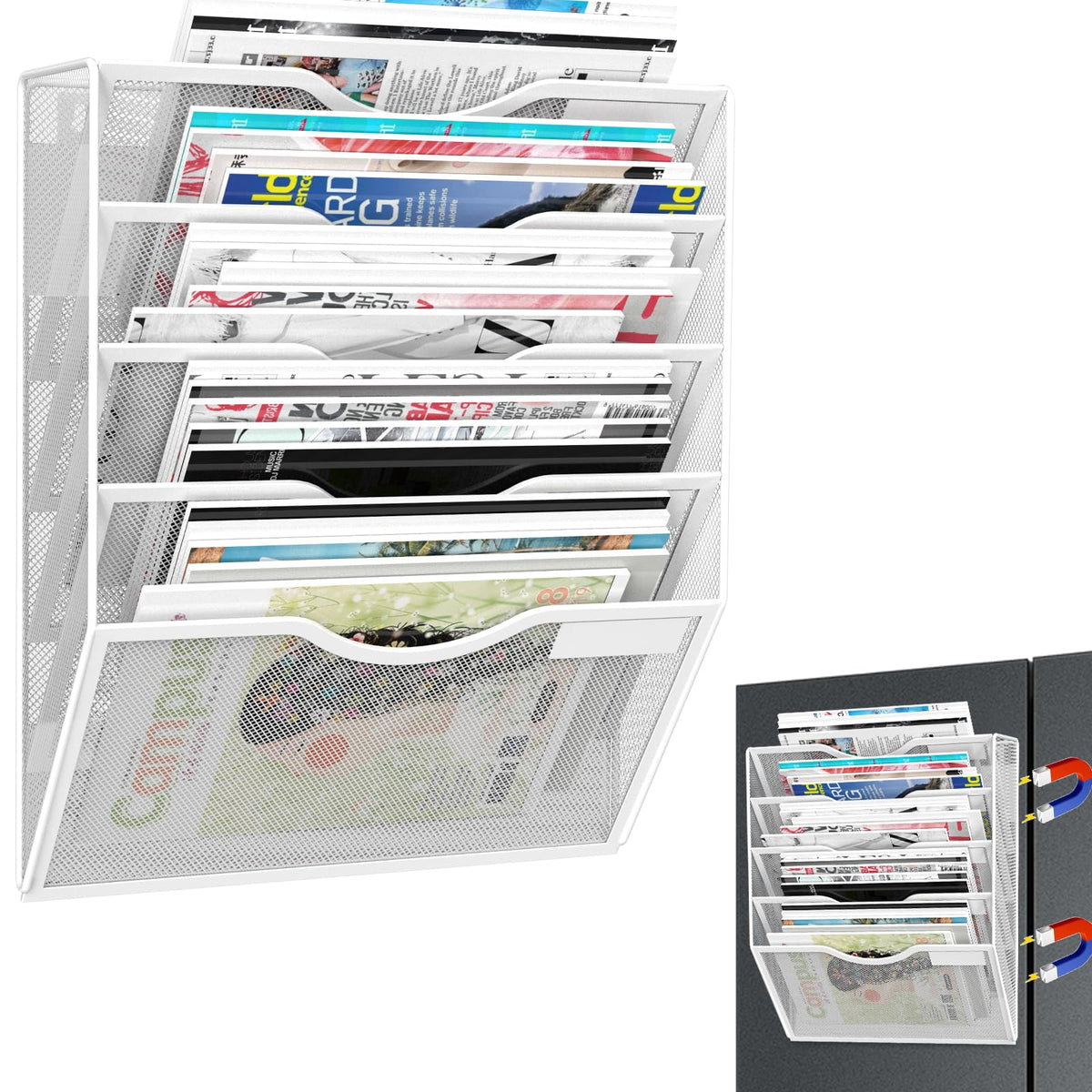 3-Tier Magnetic File Holder, No Drilling Installation File Cabinet Organizer, Black Magnetic File Organizer, Magazine Rack, Magnetic Paper Holder for Refrigerator, File Cabinets, Whiteboard