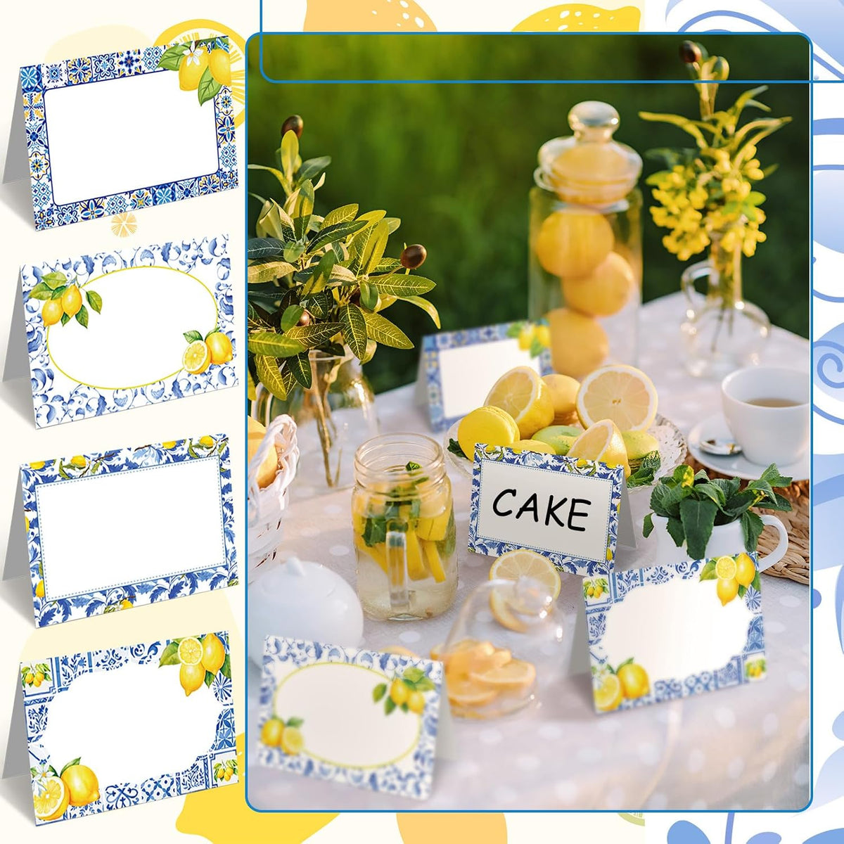 Jetec 48 Pcs Capri Lemon Place Cards Yellow and Blue Tile Table Name Cards