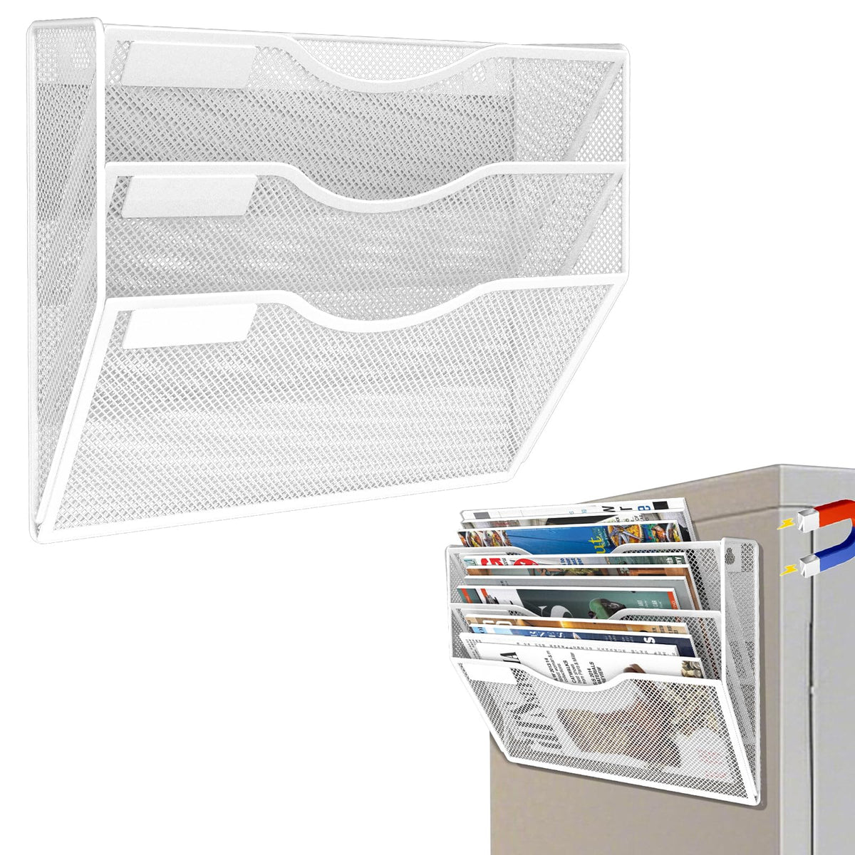 3-Tier Magnetic File Holder, No Drilling Installation File Cabinet Organizer, Black Magnetic File Organizer, Magazine Rack, Magnetic Paper Holder for Refrigerator, File Cabinets, Whiteboard