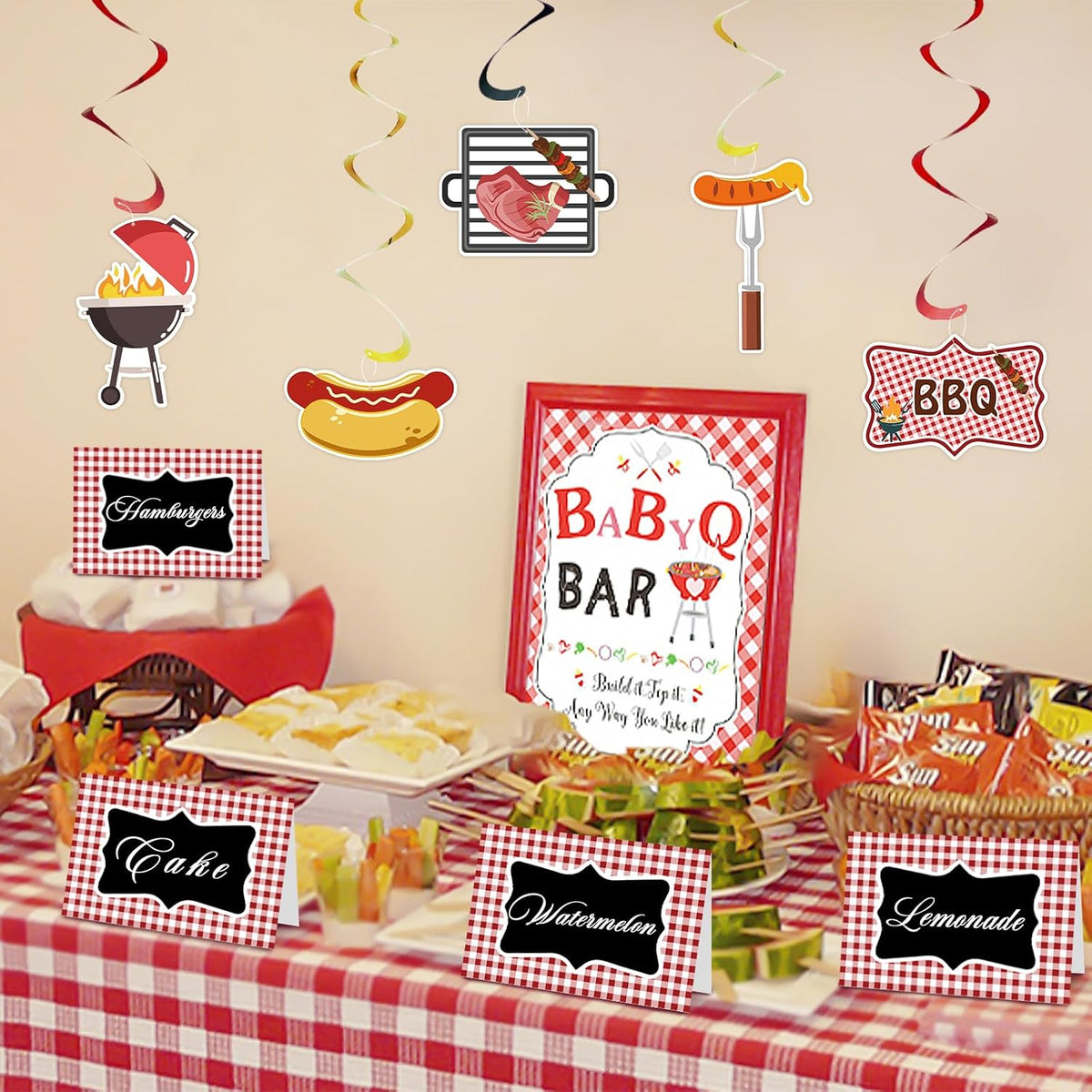 24PCS BBQ Party Decorations, Place Cards for Table Setting Red Gingham Tent Card Plaid Chalkboard Signs with Marker Picnic Decor Food Labels for Buffet Birthday Baby Shower