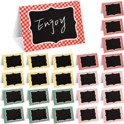 24 Pcs Blue Gingham Food Labels, 4 x 6 Inch Tent Cards for Oktoberfest
