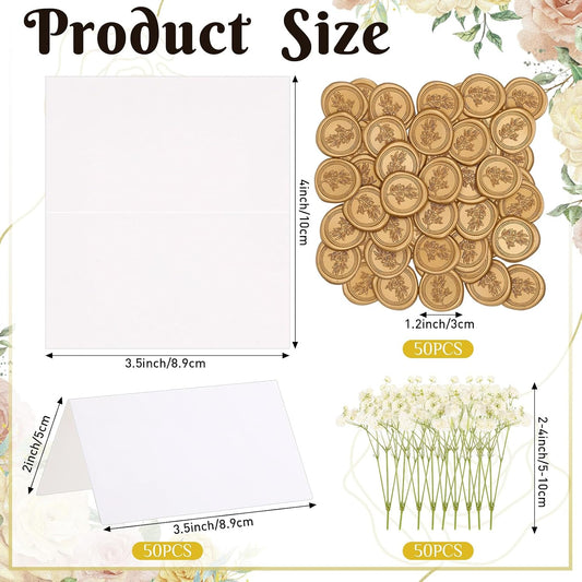 50 Place Cards Wax Seal,Gold Seal,Baby's Breath
