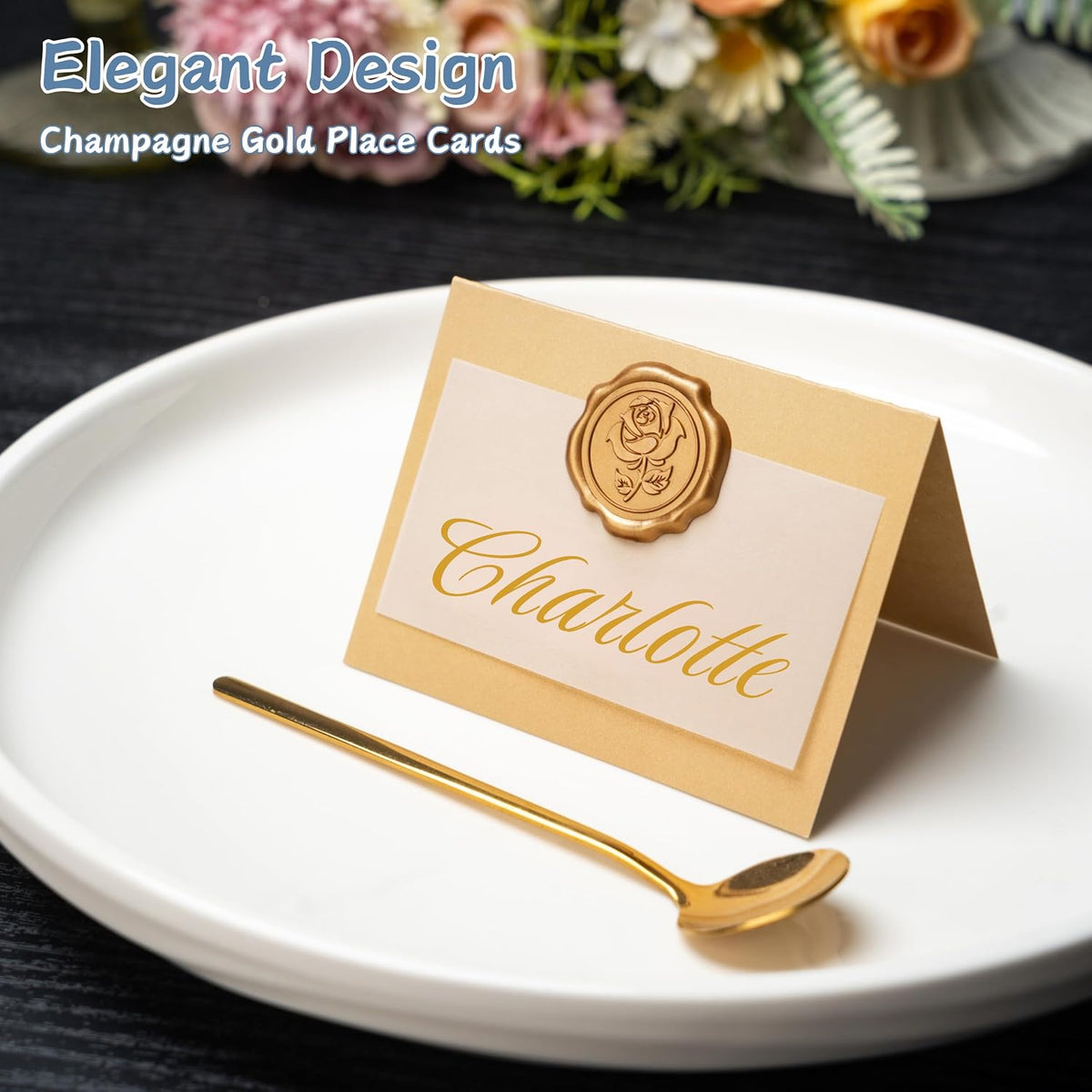 25 Pack Name Cards for Table Setting, Printable Place Cards with Antique Gold Rose Wax Seal Sticker for Wedding, Table Tent Card Stock Decor for Party, Dinner, Home(Pearlized Champagne Gold)