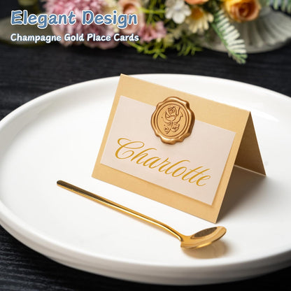 25 Pack Name Cards for Table Setting, Printable Place Cards with Antique Gold Rose Wax Seal Sticker for Wedding, Table Tent Card Stock Decor for Party, Dinner, Home(Pearlized Champagne Gold)