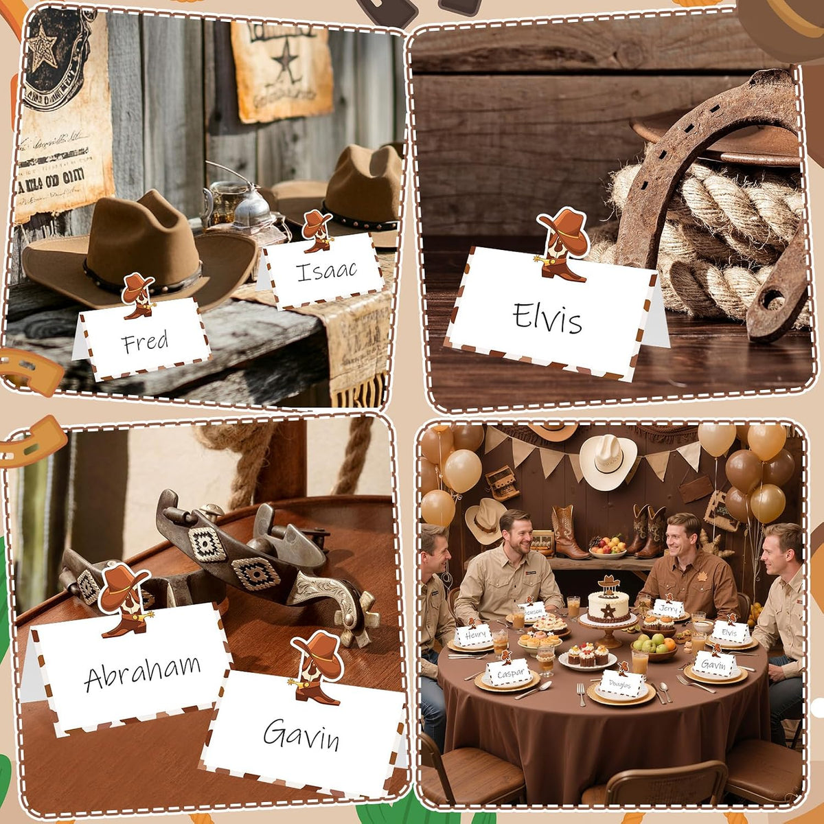 Brown Cowboy Place Card for Table Setting Western Themed Name Card Placecards Cowboy Hat Boots Table Tent Name Card for Boys Men Birthday Party Decoration, Wedding, Dinner Party Favor Supplies Decor