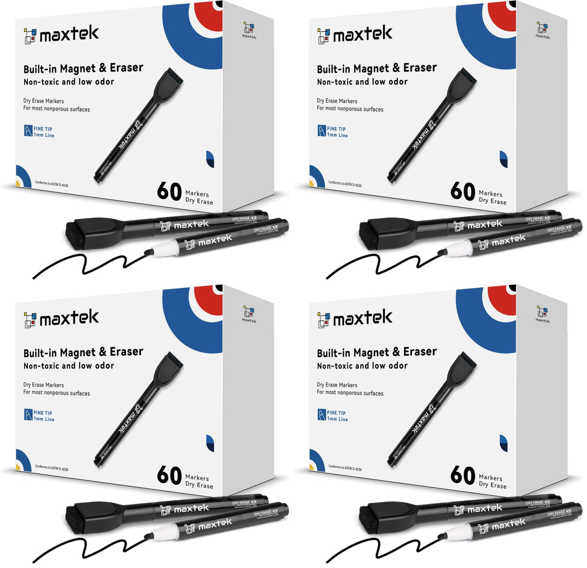 maxtek Magnetic Black Dry Erase Markers with Eraser, Fine Tip, 6 Count