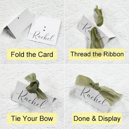 50Pcs Premium Place Cards, Small Table Cards with Green Ribbon, 2" x 3.5" Tent Card, Name Card, Wedding Place Cards for Wedding, Valentines Day, Table, Dinner Parties, Seating Card