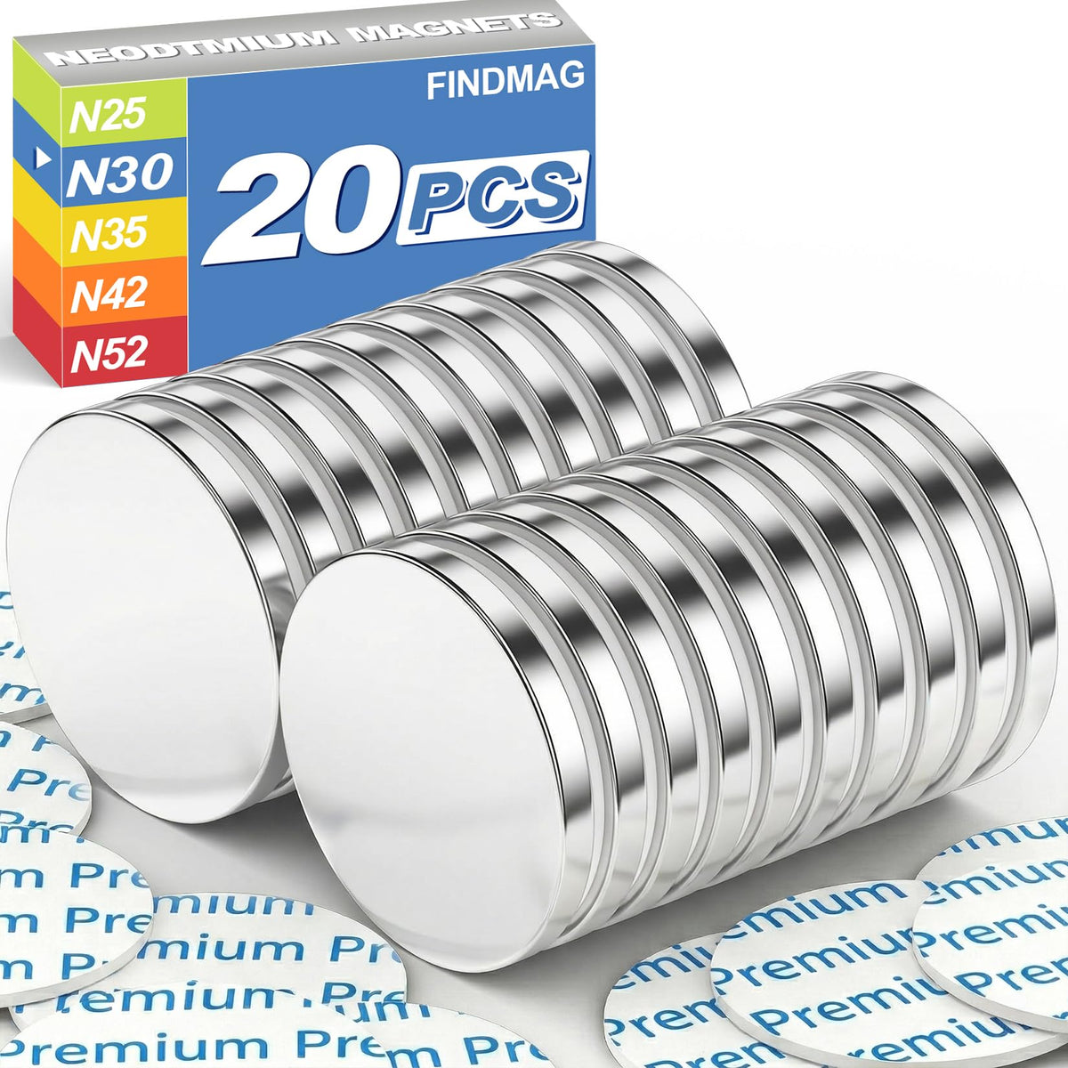 FINDMAG 4 Pcs Neodymium Disc Magnets, Adhesive Magnets, 1.18'' D x 1/8'' H