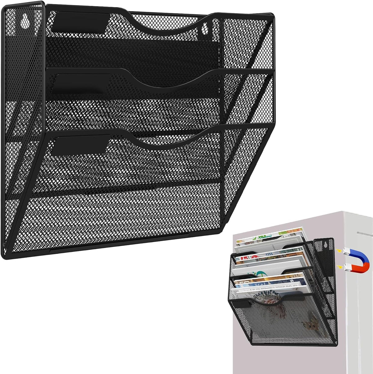 3-Tier Magnetic File Holder, No Drilling Installation File Cabinet Organizer, Black Magnetic File Organizer, Magazine Rack, Magnetic Paper Holder for Refrigerator, File Cabinets, Whiteboard