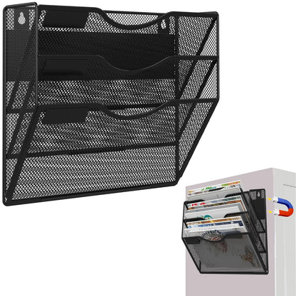 3-Tier Magnetic File Holder, No Drilling Installation File Cabinet Organizer, Black Magnetic File Organizer, Magazine Rack, Magnetic Paper Holder for Refrigerator, File Cabinets, Whiteboard