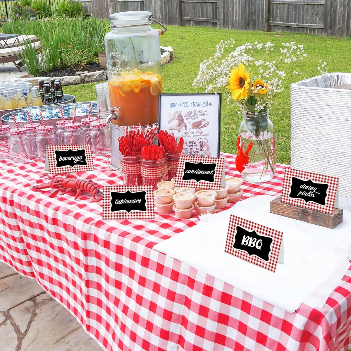 24PCS BBQ Party Decorations, Place Cards for Table Setting Red Gingham Tent Card Plaid Chalkboard Signs with Marker Picnic Decor Food Labels for Buffet Birthday Baby Shower