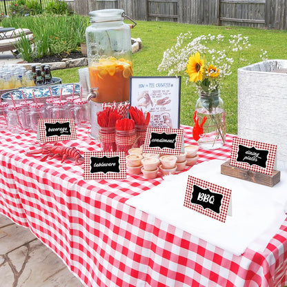 24PCS BBQ Party Decorations, Place Cards for Table Setting Red Gingham Tent Card Plaid Chalkboard Signs with Marker Picnic Decor Food Labels for Buffet Birthday Baby Shower