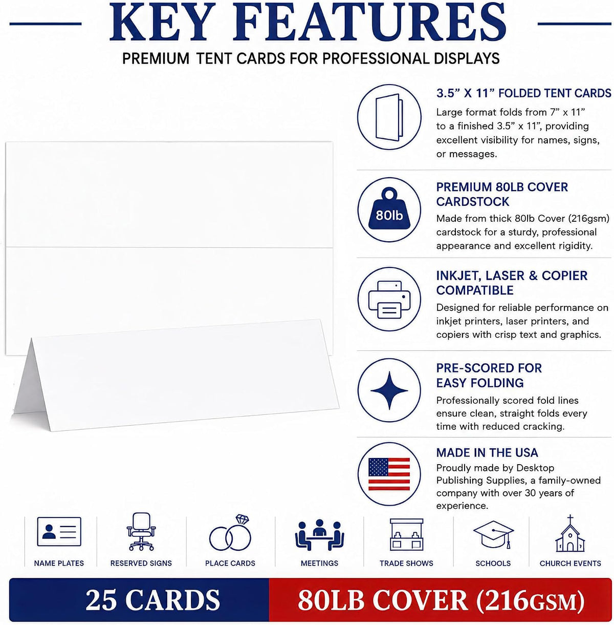 White Name Tent Cards 3.5" x 11" 80lb Cover (216gsm) - 25 Cards