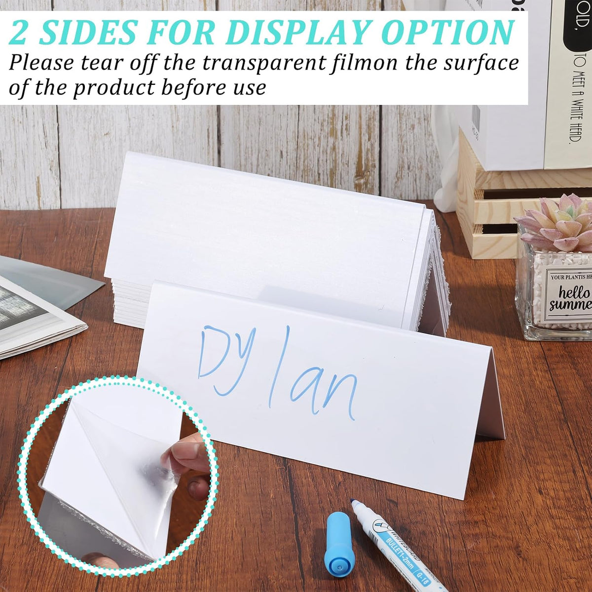 14 Pcs Reusable Dry Erase Name Tent Cards for Table with 4 Dry Erase Markers and 2 Erasers, 7.8" x 3.1" Reusable PVC Name Cards Desk Place Card Plates for Weddings Classroom Office Meetings, White