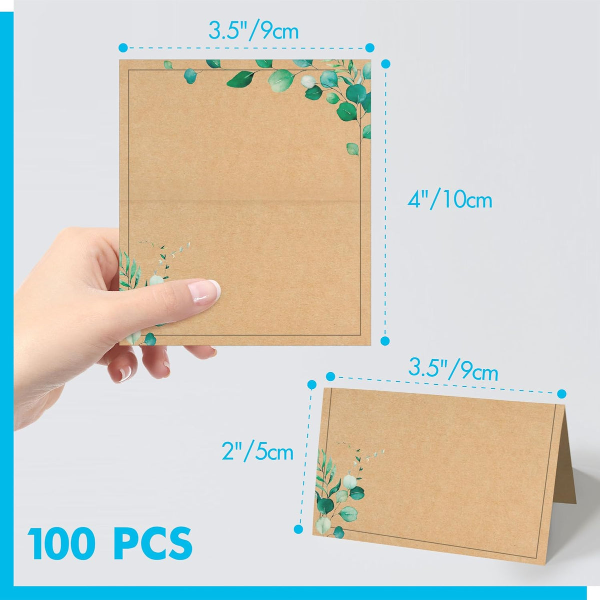 100 PCS Kraft Place Cards, Small Tent Cards with Green Plant Design Delicate Seating Cards Blank Name Cards Escort Cards for Wedding, Table, Dinner Parties, Receptions (2” x 3.5”, Greenery Design)