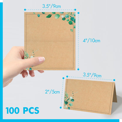 100 PCS Kraft Place Cards, Small Tent Cards with Green Plant Design Delicate Seating Cards Blank Name Cards Escort Cards for Wedding, Table, Dinner Parties, Receptions (2” x 3.5”, Greenery Design)