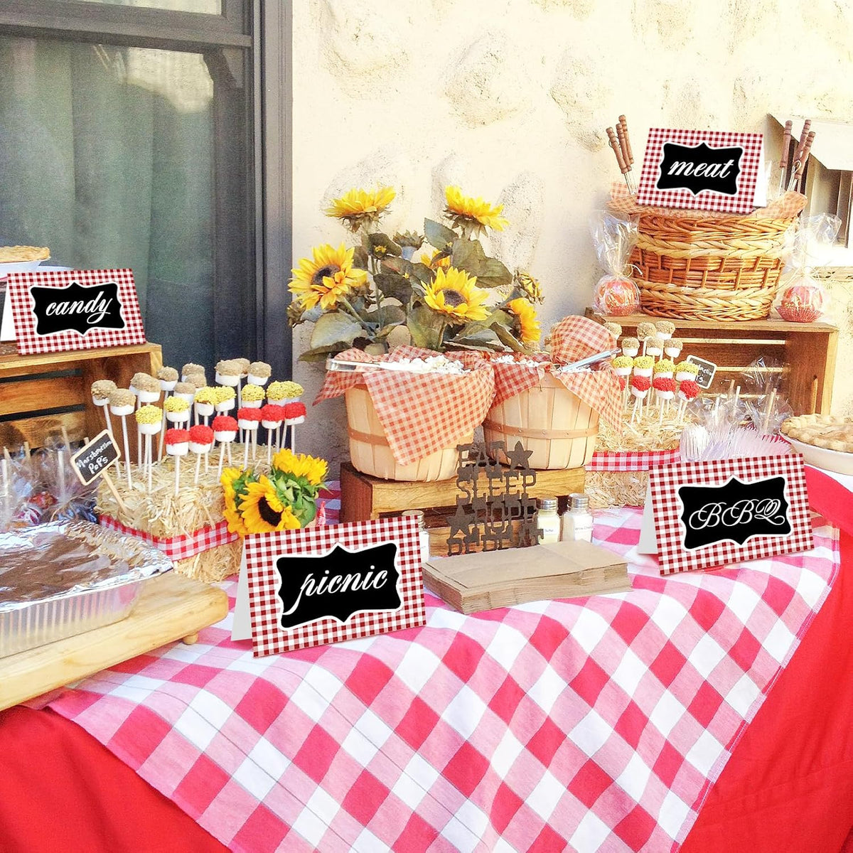 24PCS BBQ Party Decorations, Place Cards for Table Setting Red Gingham Tent Card Plaid Chalkboard Signs with Marker Picnic Decor Food Labels for Buffet Birthday Baby Shower