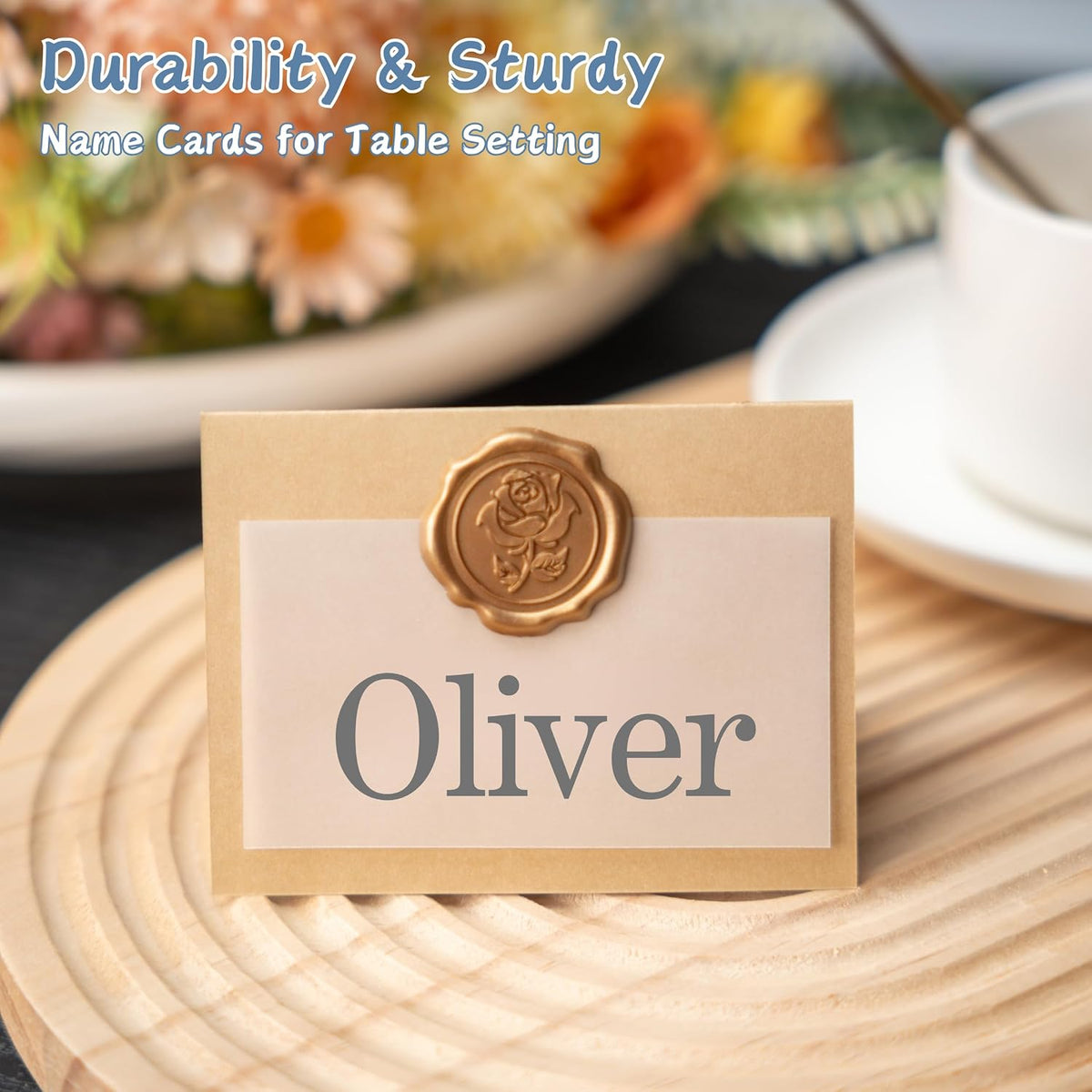 25 Pack Name Cards for Table Setting, Printable Place Cards with Antique Gold Rose Wax Seal Sticker for Wedding, Table Tent Card Stock Decor for Party, Dinner, Home(Pearlized Champagne Gold)