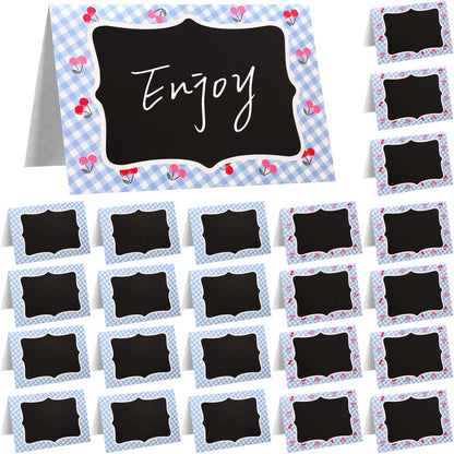 24 Pcs Blue Gingham Food Labels, 4 x 6 Inch Tent Cards for Oktoberfest