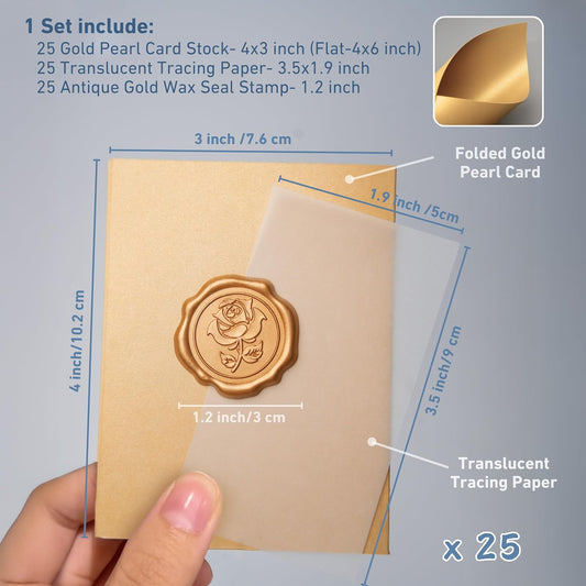 25 Pack Name Cards for Table Setting, Printable Place Cards with Antique Gold Rose Wax Seal Sticker for Wedding, Table Tent Card Stock Decor for Party, Dinner, Home(Pearlized Champagne Gold)