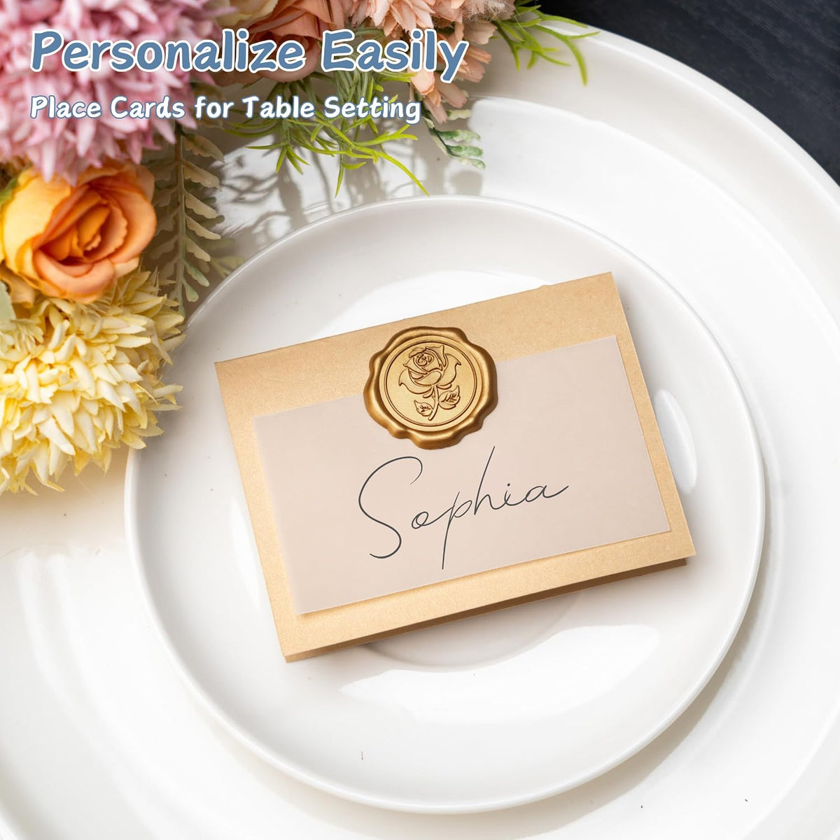 25 Pack Name Cards for Table Setting, Printable Place Cards with Antique Gold Rose Wax Seal Sticker for Wedding, Table Tent Card Stock Decor for Party, Dinner, Home(Pearlized Champagne Gold)