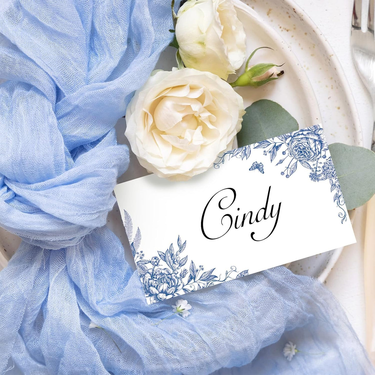 Whaline 100 Pcs Blue Floral Place Cards 2 x 3.5 Inch Tented Name Cards Chinoiserie Rose Flower Blank Seat Assignment Labels for Wedding Bridal Baby Shower Birthday Party Table Setting Supplies