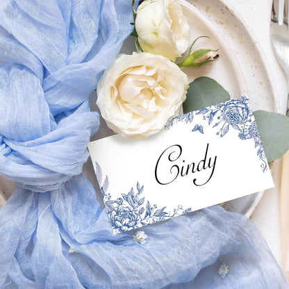 Whaline 100 Pcs Blue Floral Place Cards 2 x 3.5 Inch Tented Name Cards Chinoiserie Rose Flower Blank Seat Assignment Labels for Wedding Bridal Baby Shower Birthday Party Table Setting Supplies