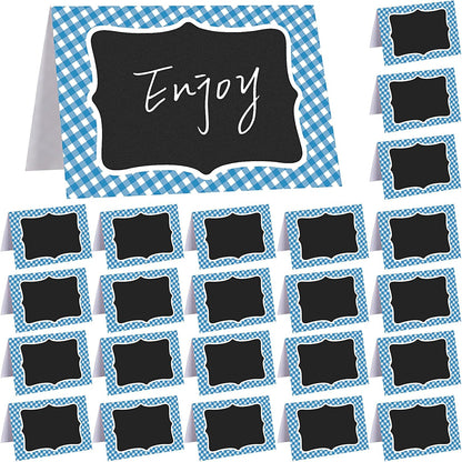 24 Pcs Blue Gingham Food Labels, 4 x 6 Inch Tent Cards for Oktoberfest