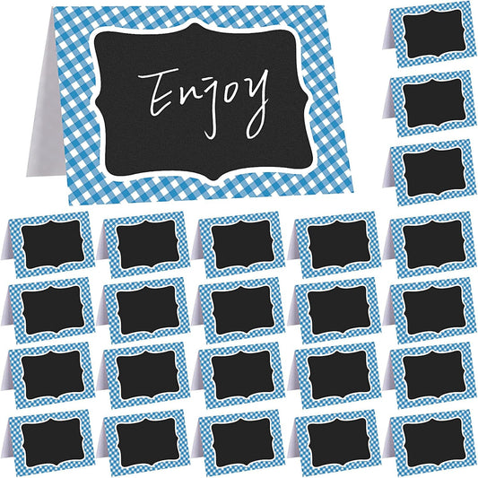 24 Pcs Blue Gingham Food Labels, 4 x 6 Inch Tent Cards for Oktoberfest