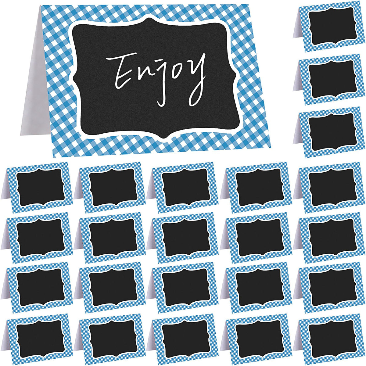 24 Pcs Blue Gingham Food Labels, 4 x 6 Inch Tent Cards for Oktoberfest
