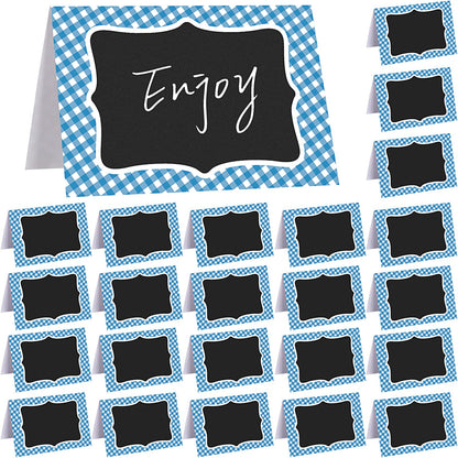 24 Pcs Blue Gingham Food Labels, 4 x 6 Inch Tent Cards for Oktoberfest