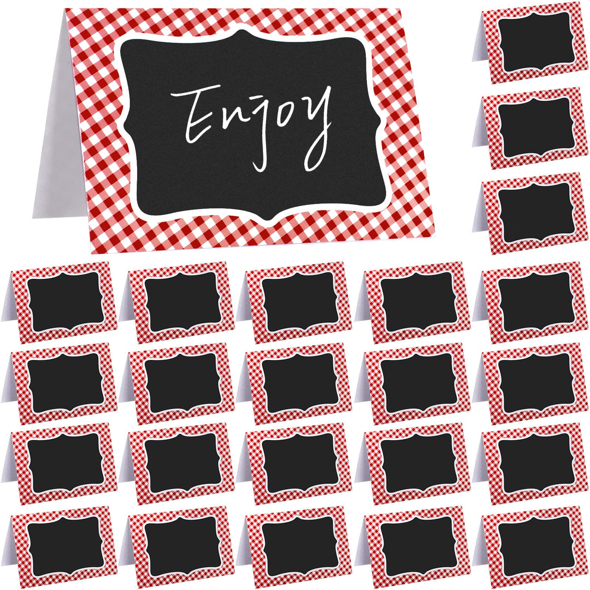24 Pcs Blue Gingham Food Labels, 4 x 6 Inch Tent Cards for Oktoberfest