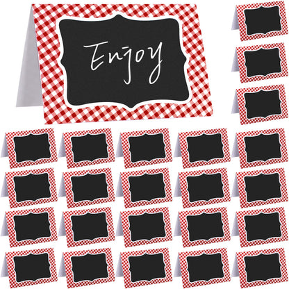 24 Pcs Blue Gingham Food Labels, 4 x 6 Inch Tent Cards for Oktoberfest