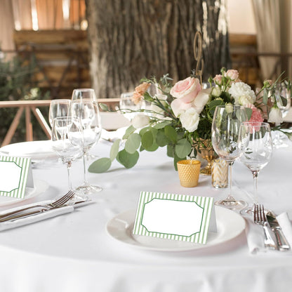 Green Striped Place Cards, Watercolor Tent Cards for Table Settings