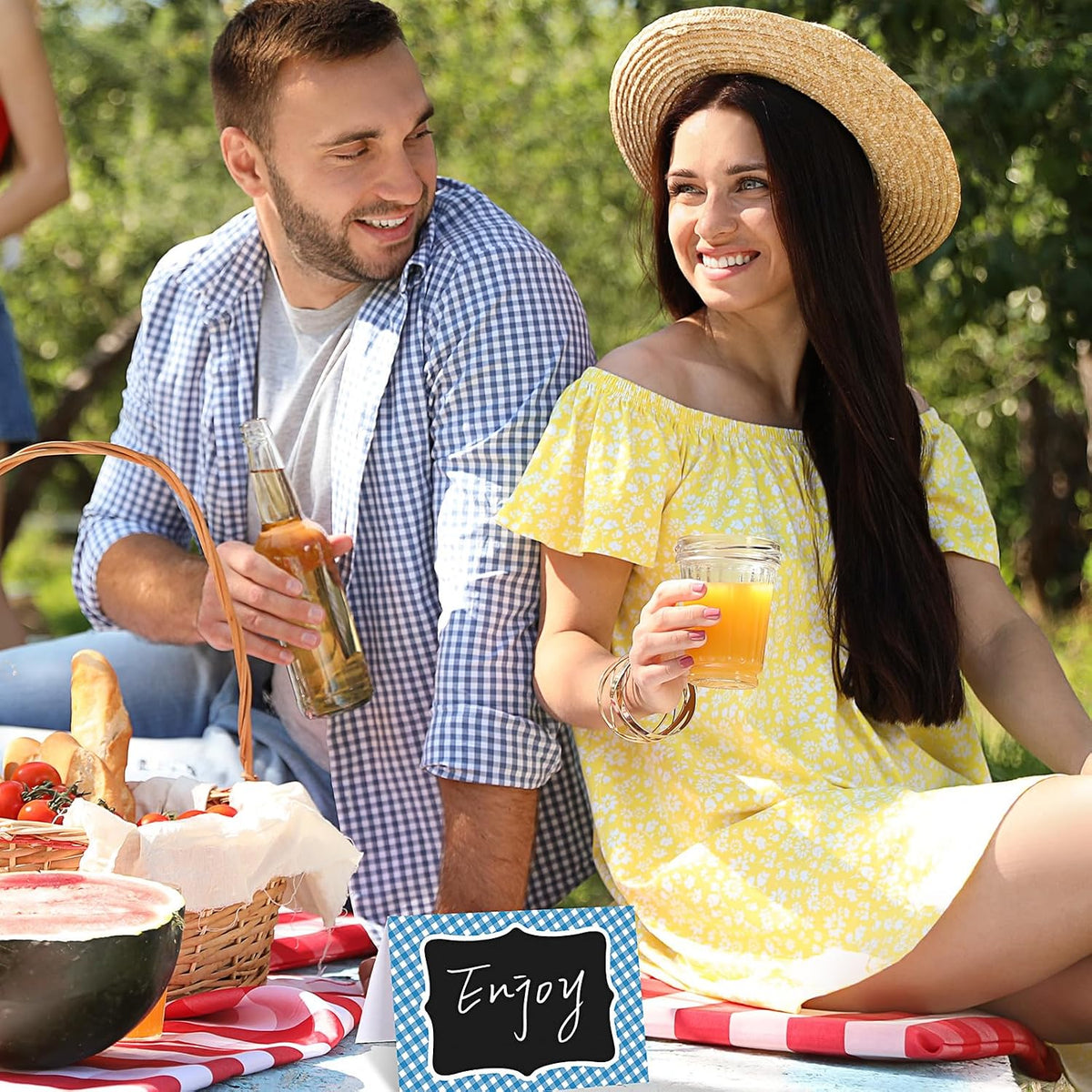 24 Pcs Blue Gingham Food Labels, 4 x 6 Inch Tent Cards for Oktoberfest