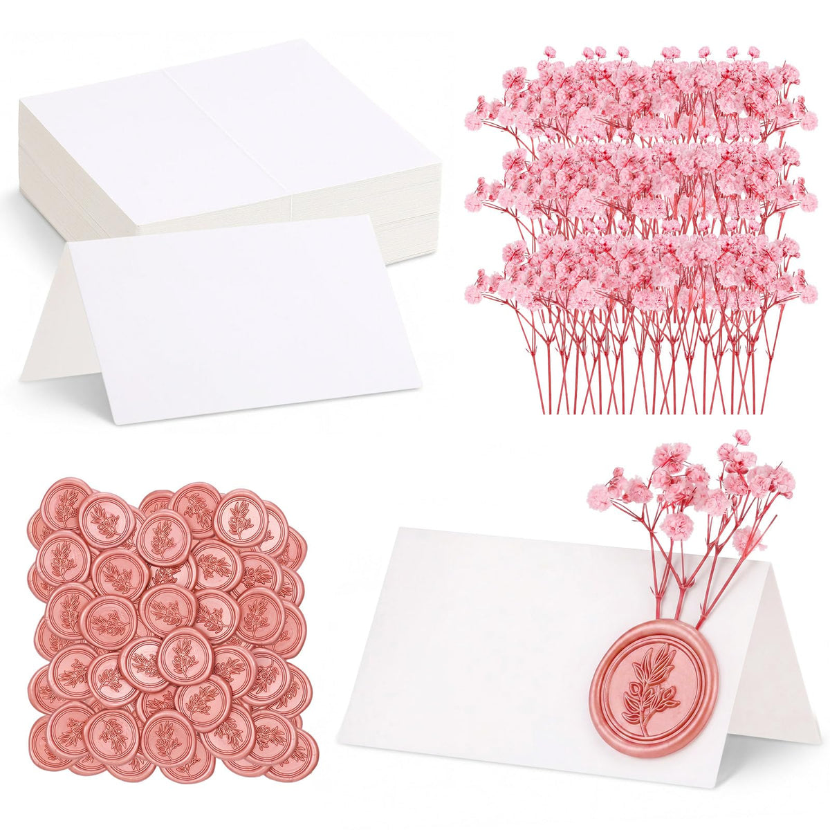50 Place Cards Wax Seal,Gold Seal,Baby's Breath
