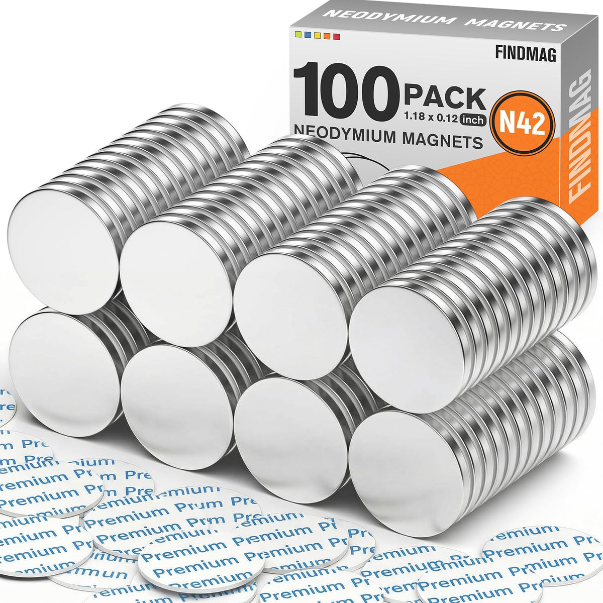 FINDMAG 4 Pcs Neodymium Disc Magnets, Adhesive Magnets, 1.18'' D x 1/8'' H