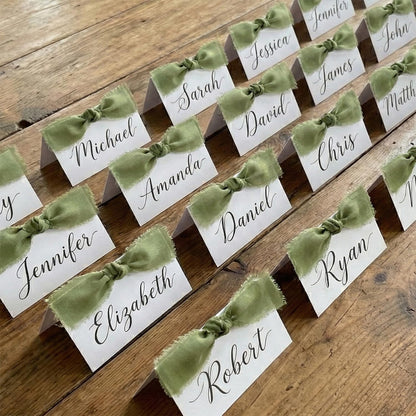 50Pcs Premium Place Cards, Small Table Cards with Green Ribbon, 2" x 3.5" Tent Card, Name Card, Wedding Place Cards for Wedding, Valentines Day, Table, Dinner Parties, Seating Card