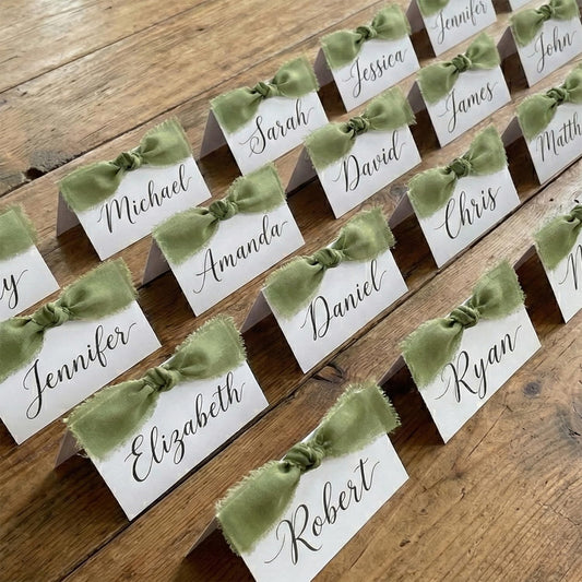 50Pcs Premium Place Cards, Small Table Cards with Green Ribbon, 2" x 3.5" Tent Card, Name Card, Wedding Place Cards for Wedding, Valentines Day, Table, Dinner Parties, Seating Card