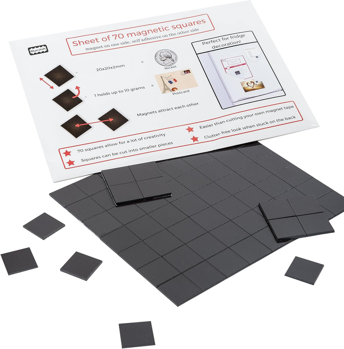 Magnefic Magnetic Squares, 1 Tape Sheet of 70 Magnetic Squares (Each 20x20x2mm), Magnet on one Side, Self Adhesive on the Other Side. Perfect for Fridge Organisation, Art Project, Vision Board