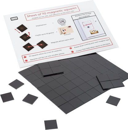 Magnefic Magnetic Squares, 1 Tape Sheet of 70 Magnetic Squares (Each 20x20x2mm), Magnet on one Side, Self Adhesive on the Other Side. Perfect for Fridge Organisation, Art Project, Vision Board