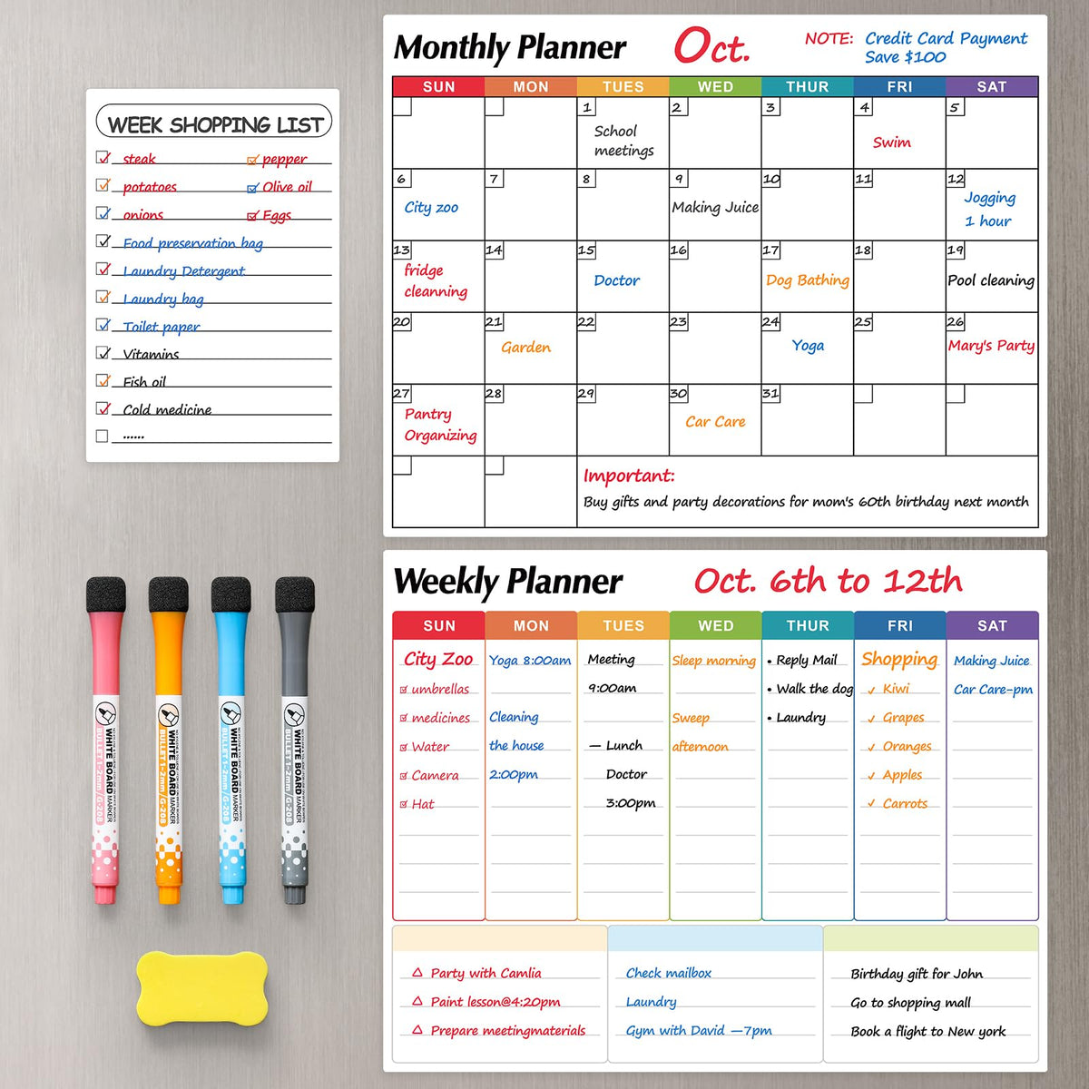 Dry Erase Magnetic Calendar for Refrigerator, 3 Pack- Monthly & Weekly & Daily Planner Magnet Whiteboard for Fridge Wall Door - Shopping, Meal/Menu, To Do List, Family Schedule Planning Board, 14"x11"