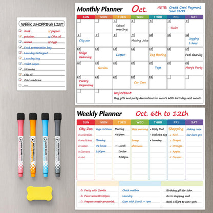Dry Erase Magnetic Calendar for Refrigerator, 3 Pack- Monthly & Weekly & Daily Planner Magnet Whiteboard for Fridge Wall Door - Shopping, Meal/Menu, To Do List, Family Schedule Planning Board, 14"x11"