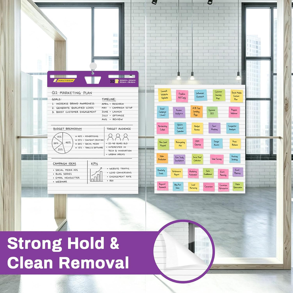 HAUTOCO Sticky Easel Pads 20x23 In, 3 Pack White Lined Flip Chart Paper